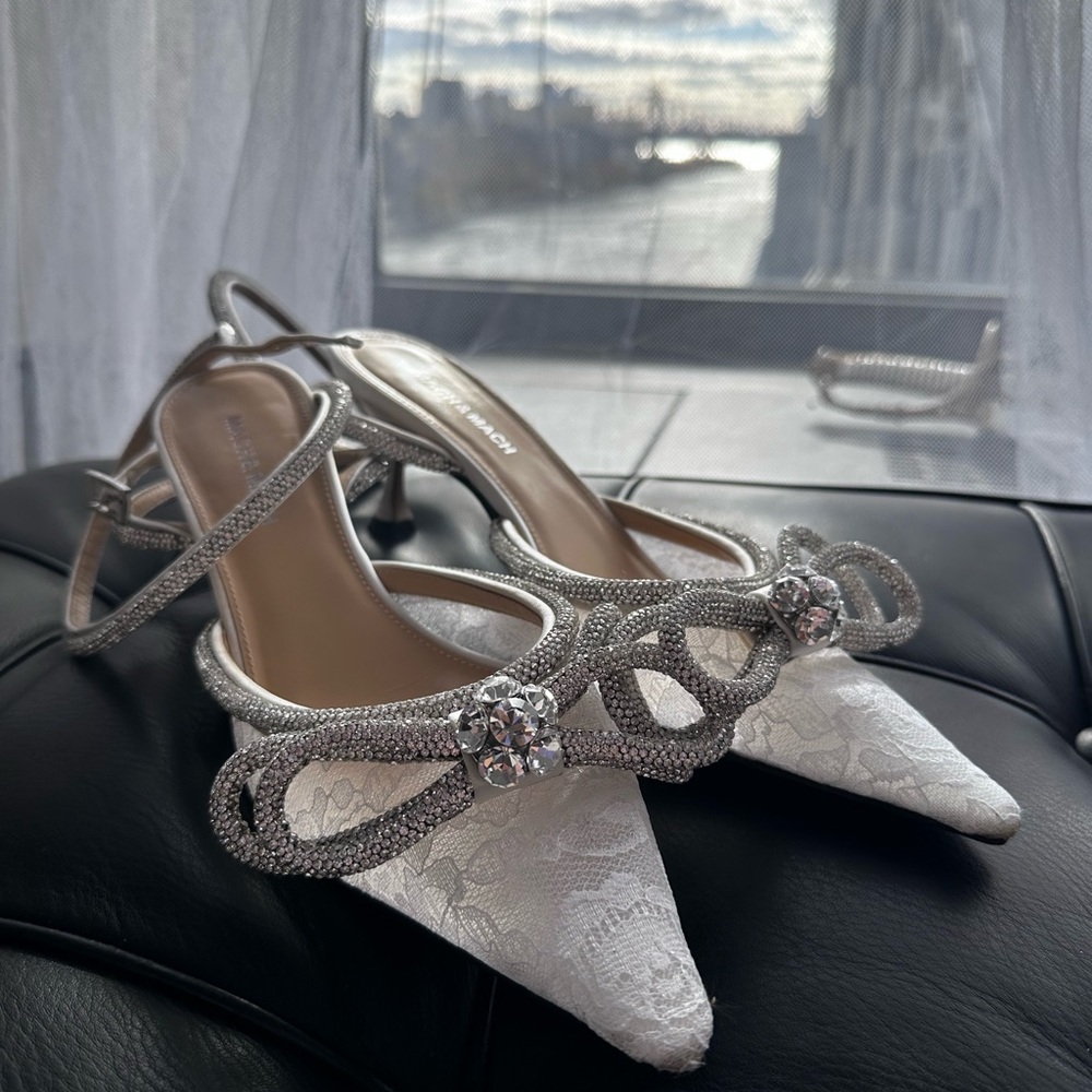MACH & MACH Silver and White Embellished Heels